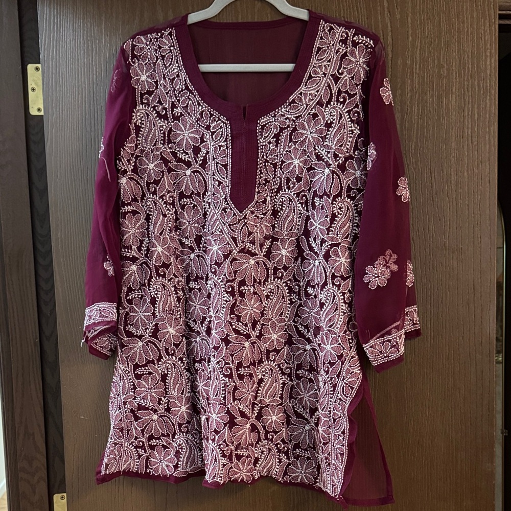 Elegant Chikankari Embroidered Purple and White traditional women’s tunic.